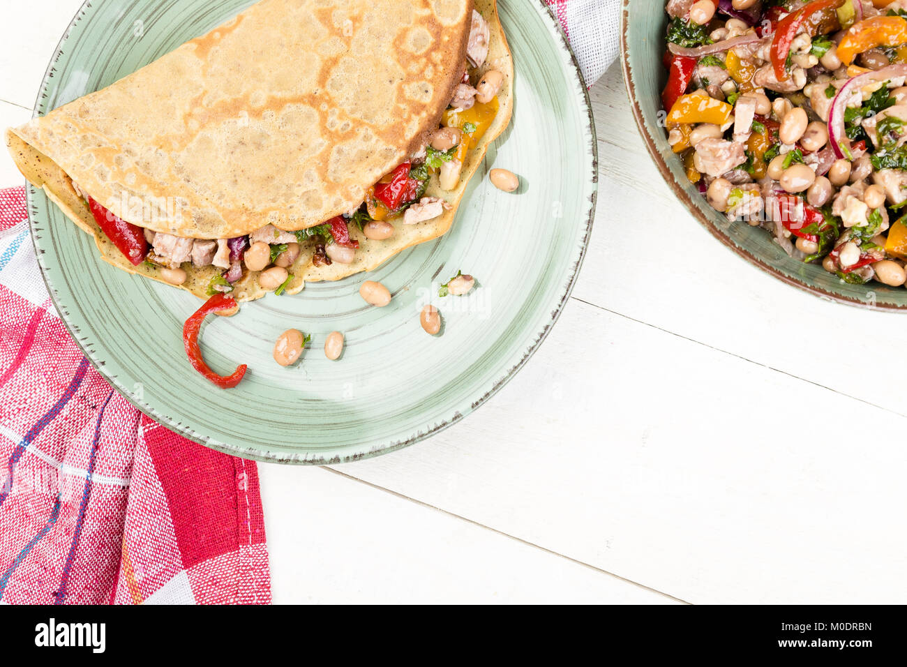 Savoury Buckwheat Pancake with White Beans, Red and Yellow Bell Pepper