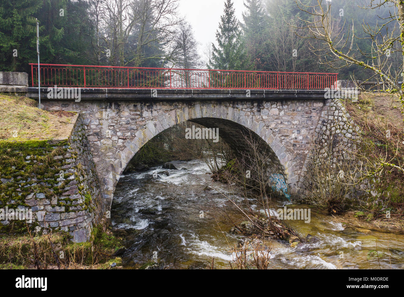 A stone bridge over a river on a foggy day of winter, Vosges, France. Stock Photo