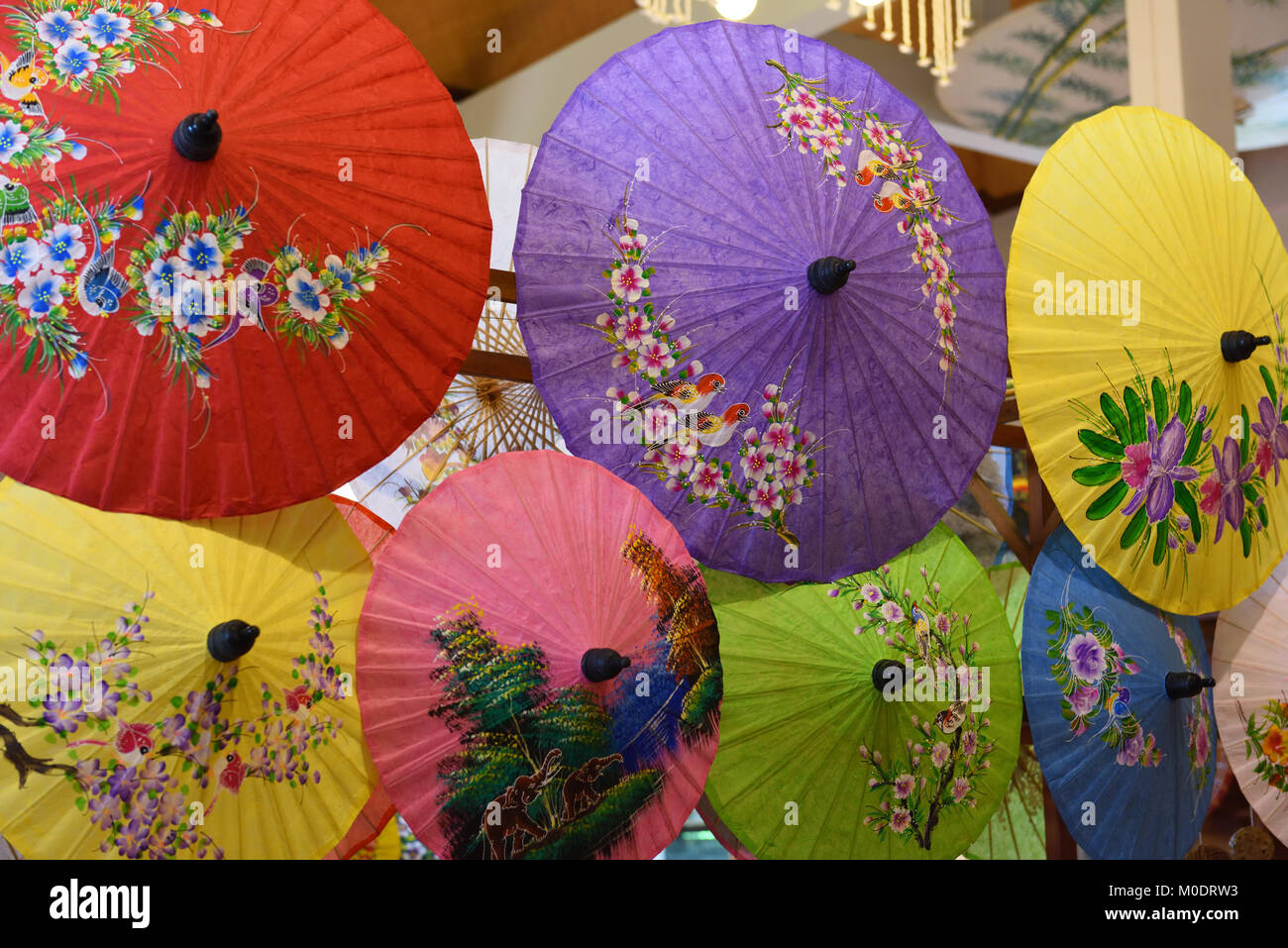 Paper umbrellas on display at the Umbrella Making Centre, Bo Sang, Chiang Mai Province, Thailand Stock Photo