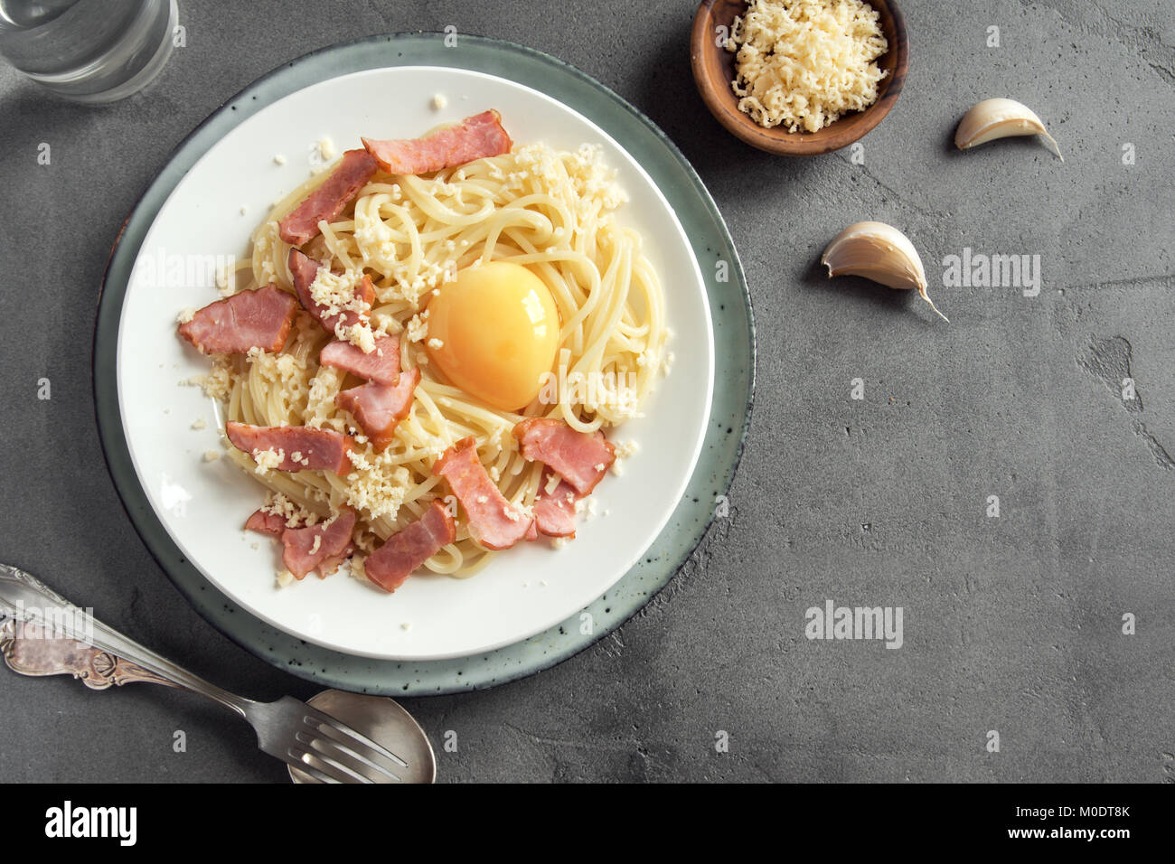 Spaghetti carbonara pasta with egg sauce, bacon and grated parmesan