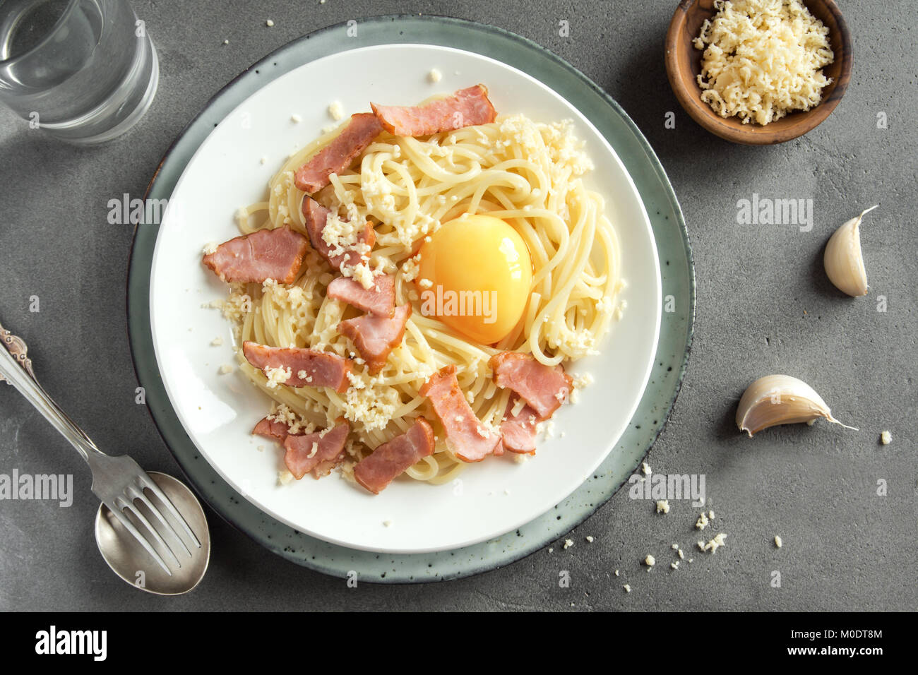 Spaghetti carbonara pasta with egg sauce, bacon and grated parmesan