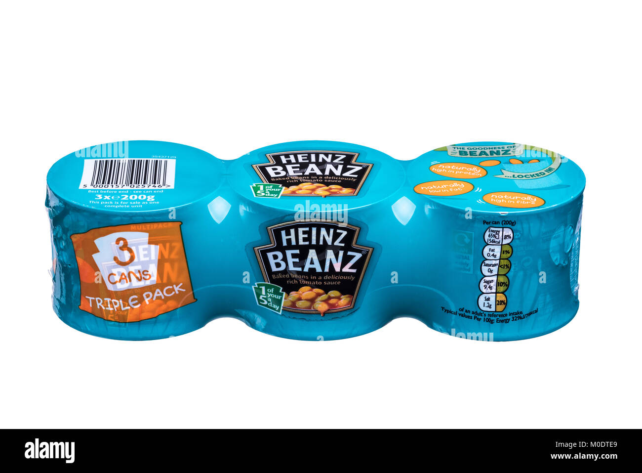 Three can pack of Heinz baked beans, wrapped in plastic. Stock Photo