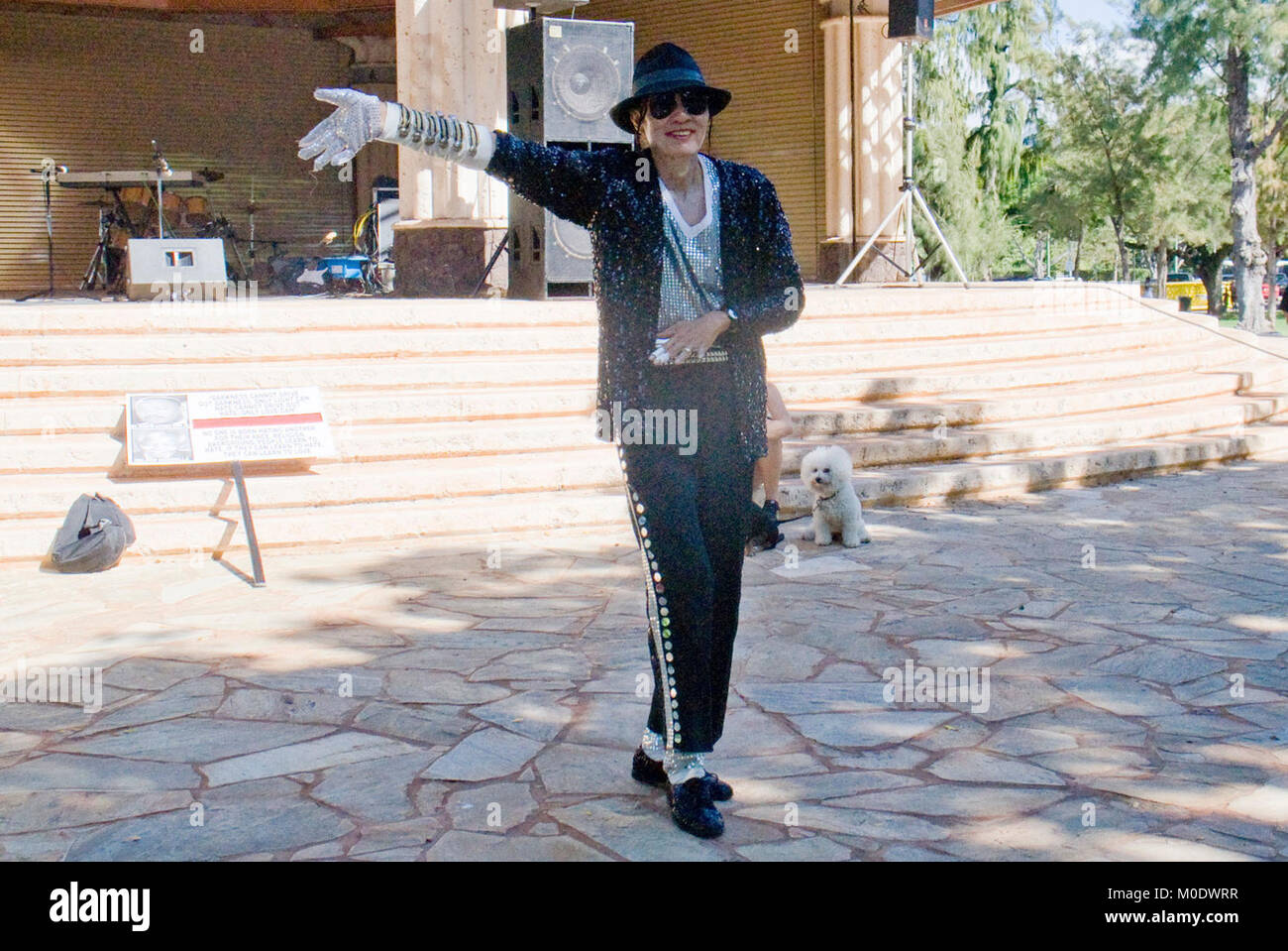 HONOLULU — Ron Takamoto, dressed as the late pop singer Michael Jackson,  performs at the Kapiolani Park Bandstand during the Hawaii Dr. Martin  Luther King Jr. Parade and Unity Rally, Jan. 15,