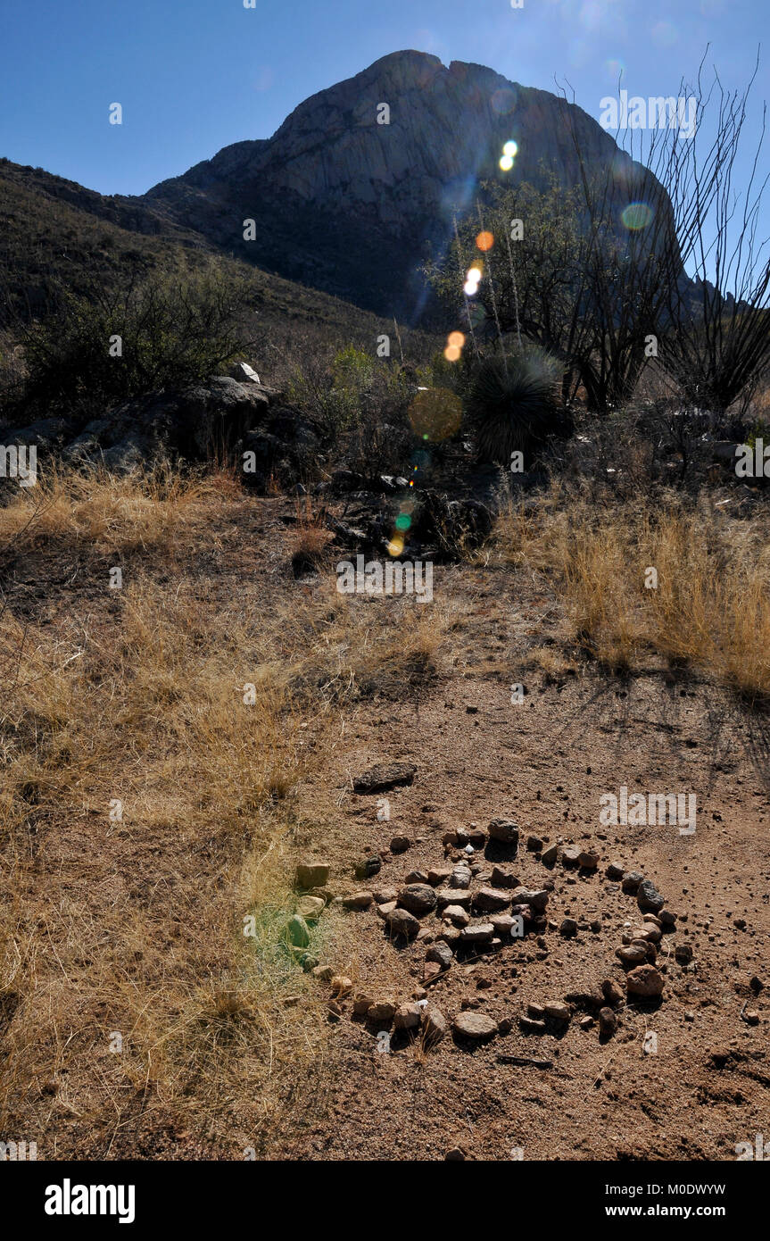 Rock placed to indicate directions were placed along a known smuggling route for illegal activity from Sonora, Mexico, Elephant Head Trail, Coronado N Stock Photo