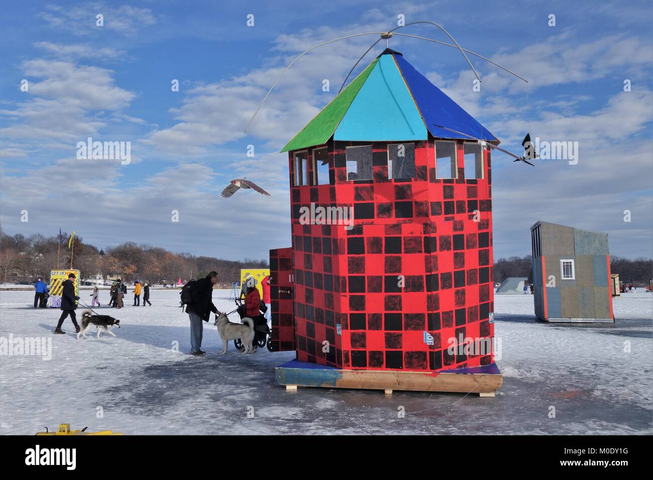 The Fyr Minnesata shanty, at the Art Shanty Projects on frozen Lake Harriet in Minneapolis, MN, USA. Stock Photo