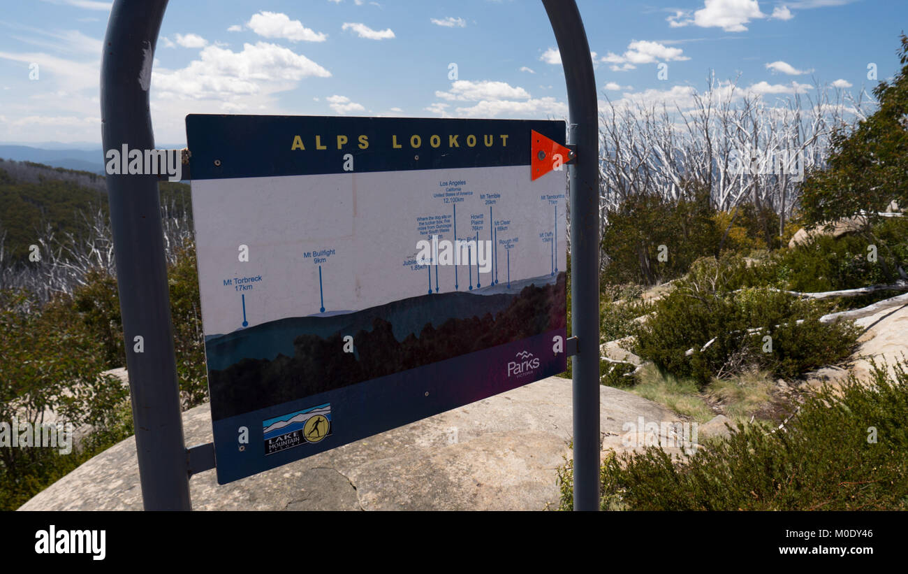 Australian Alps and melbourne lookout signs on top of Lake Mountain Resort high in the Australian Alps above Marysville on a very sunny day. Stock Photo