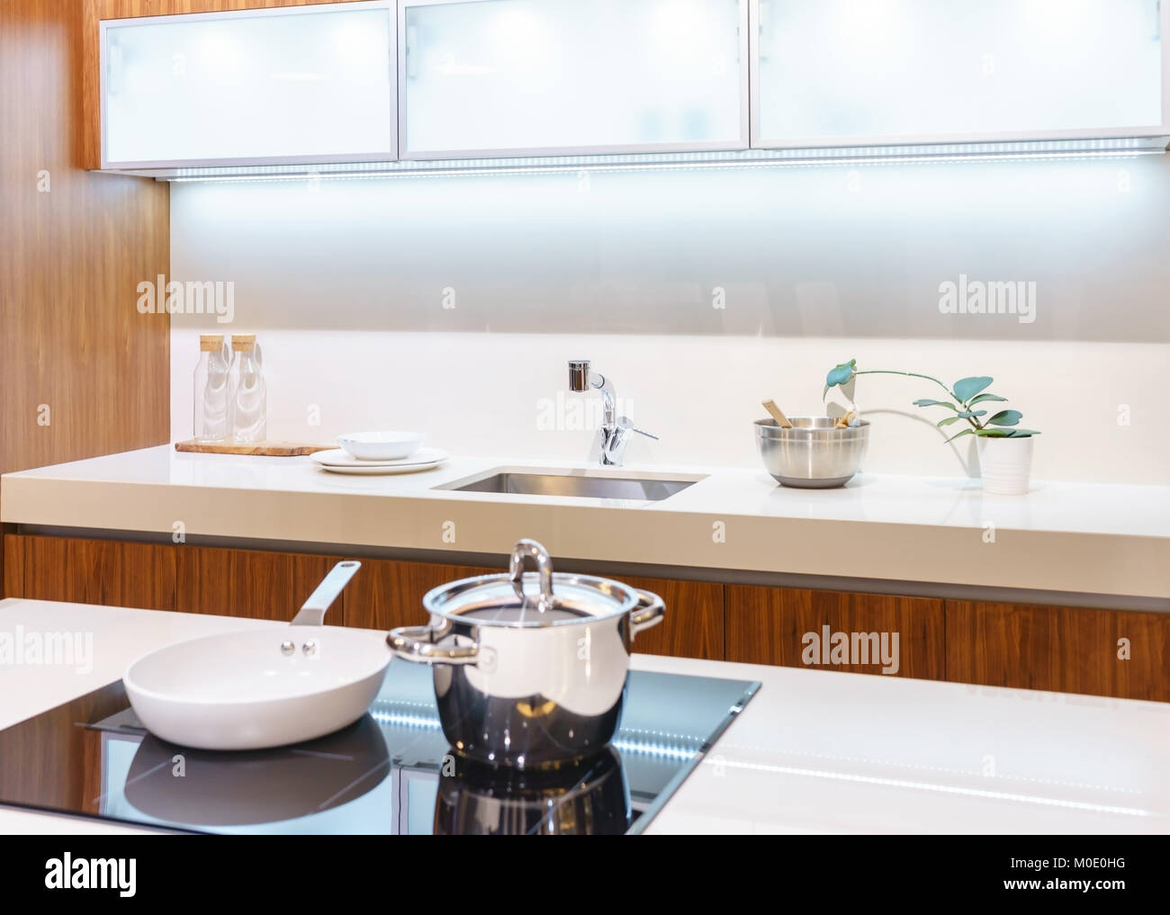 Modern, bright, clean kitchen interior with stainless steel appliances ...