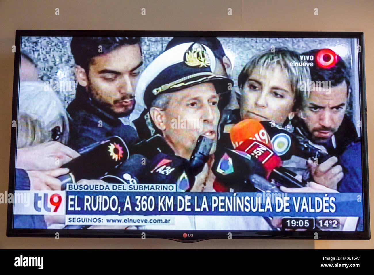 Buenos Aires Argentina,TV television screen monitor,missing submarine ARA San Juan,national news,press conference,Spanish headline,Navy spokesman,Hisp Stock Photo