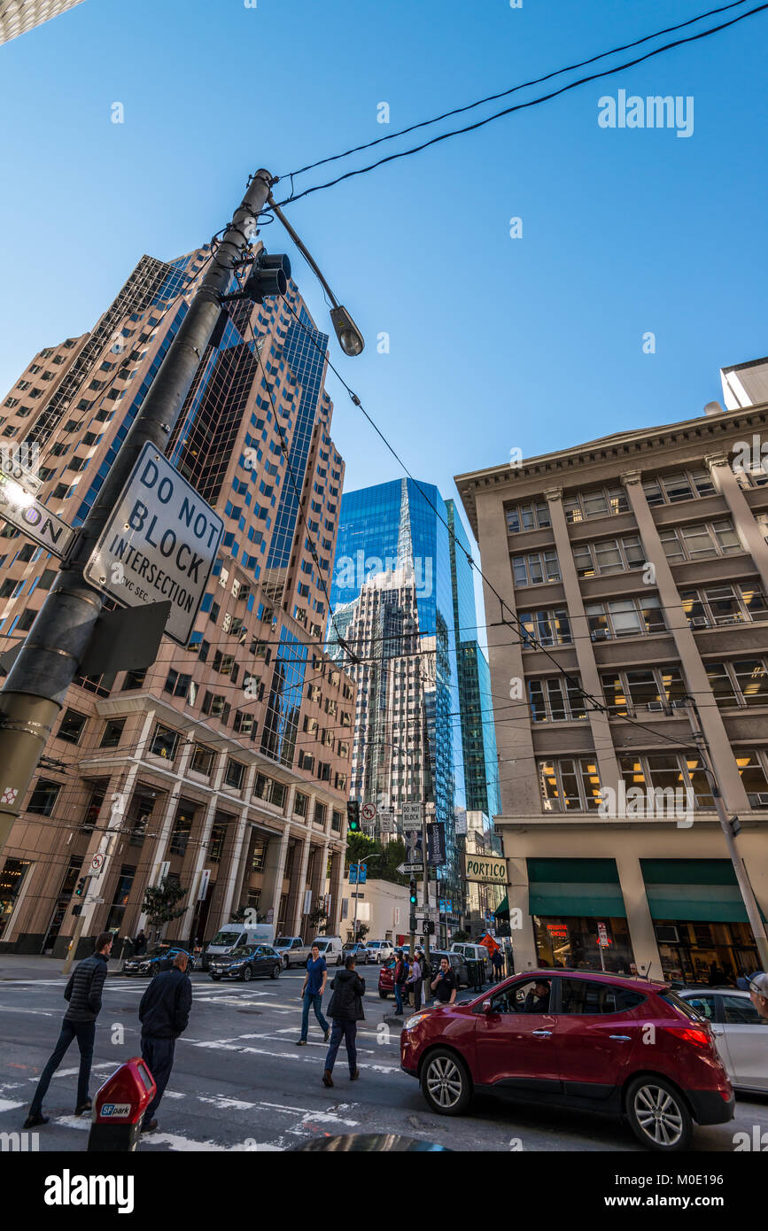 San Francisco highrises skyscrapers buildings photographed from a low ...