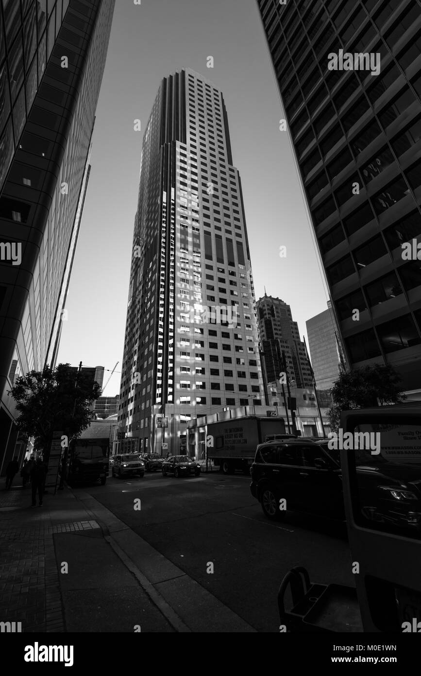 San Francisco highrises skyscrapers buildings photographed from a low ...