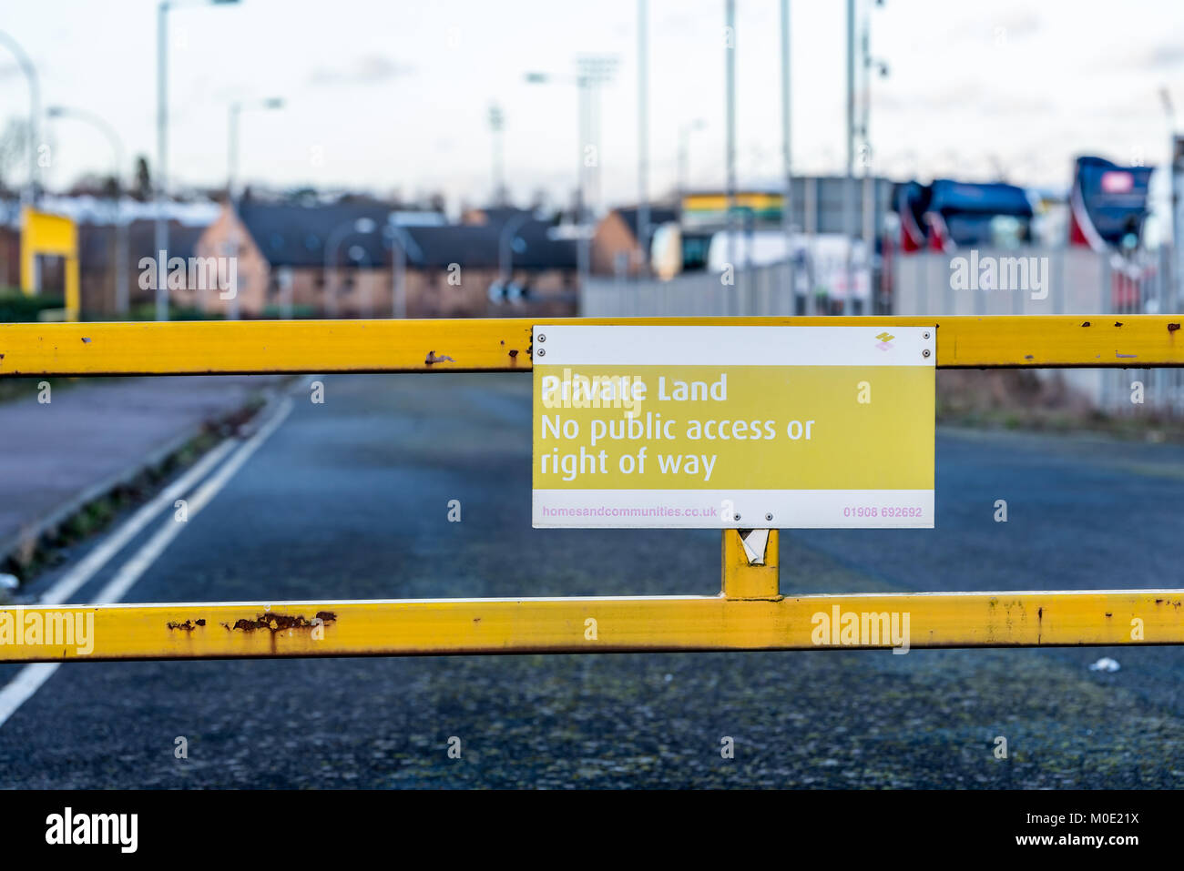 Private land no public access or right of way yellow sign on entrance