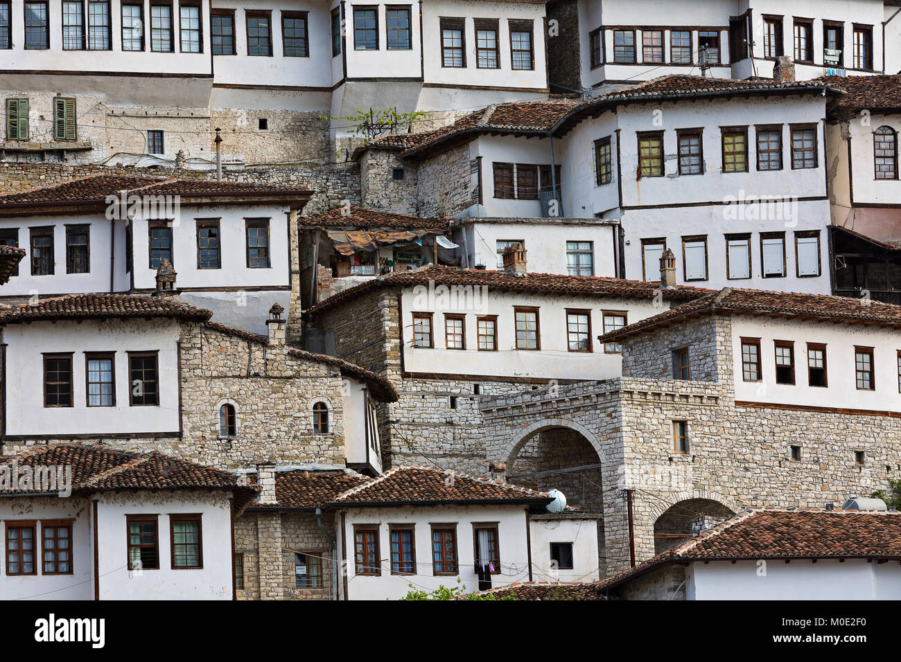 View over the traditional, oriental style old houses in Berat, Albania Stock Photo