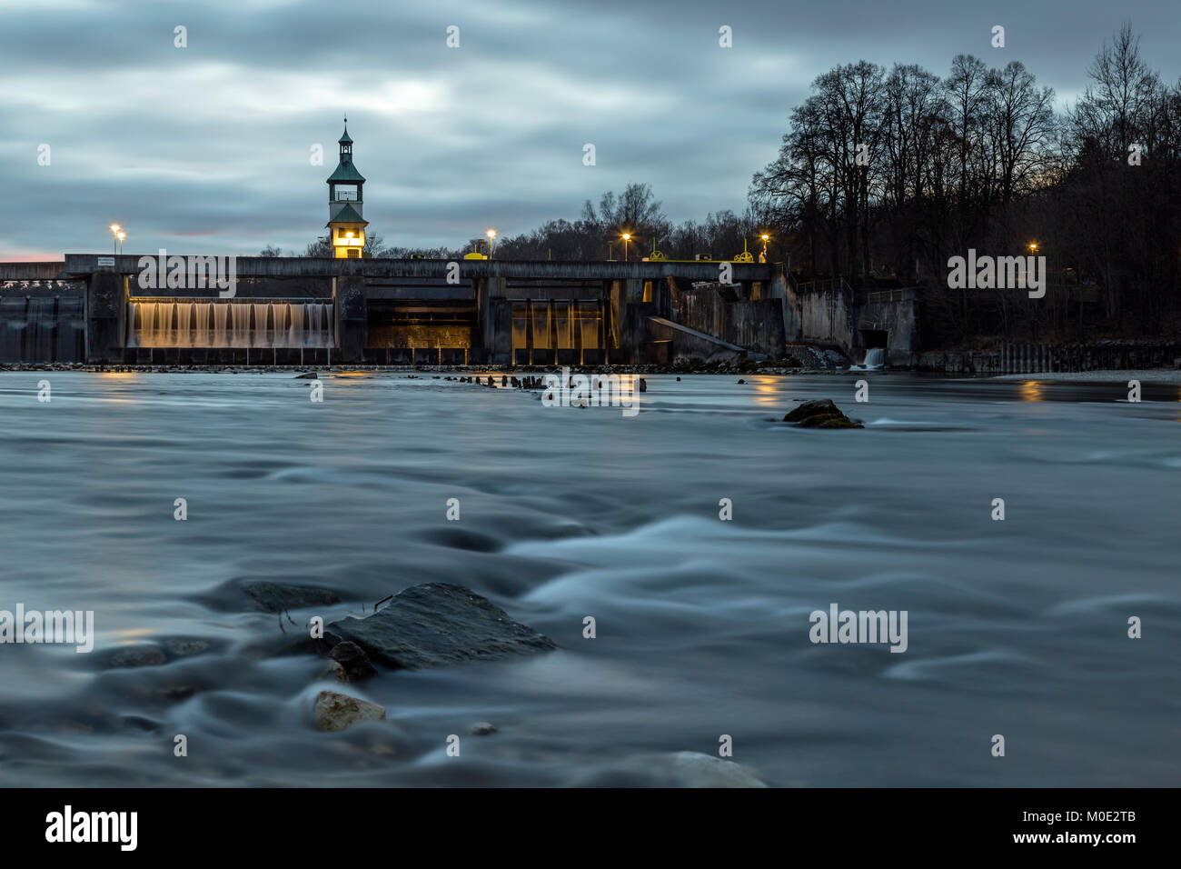 Historic dam wall, Hochablass, river Lech, Augsburg, Germany Stock Photo