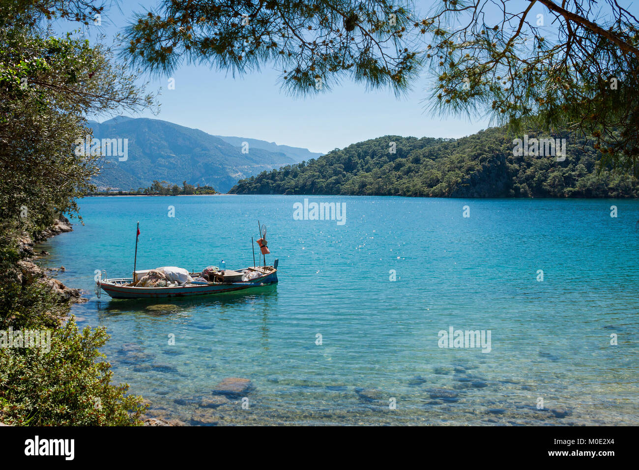 Turkish coastline with turquoise color water of the Aegean Sea, in Oludeniz, Fethiye, Turkey Stock Photo