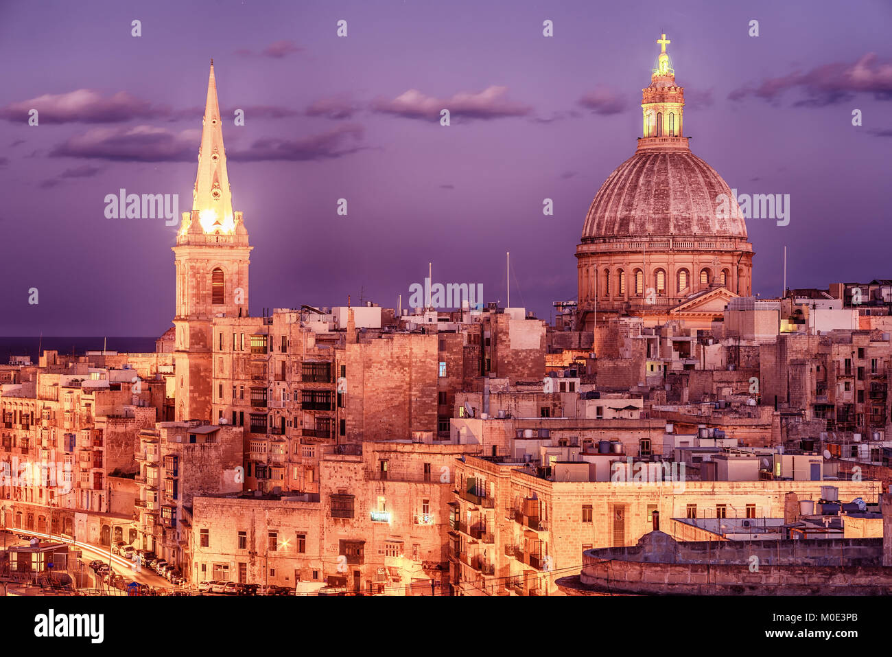 Valletta, Malta: aerial view from city walls at night Stock Photo