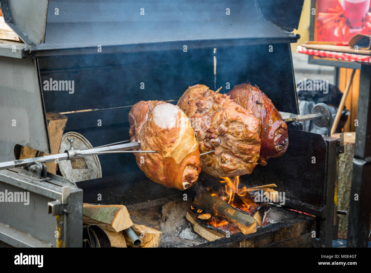 Pork roasted on traditional barbecue in Europe Stock Photo