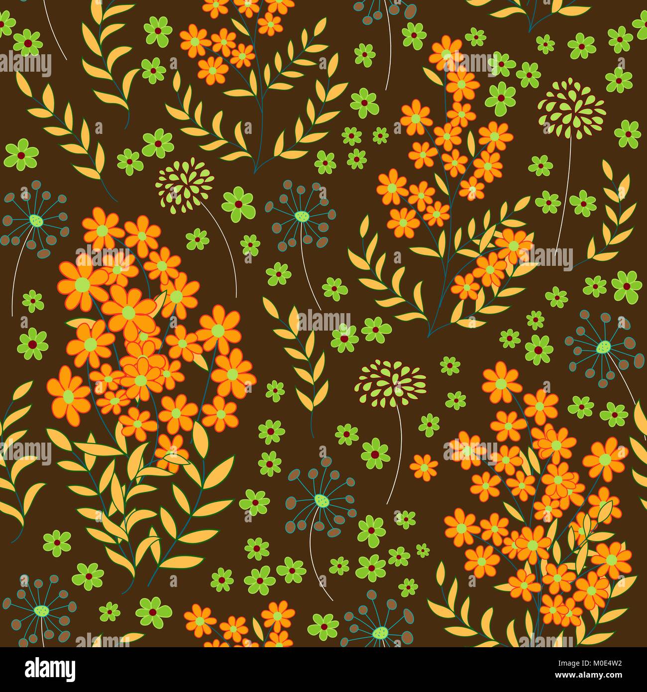 Seamless cute little flowers ornament. Bright orange green yellow on ...