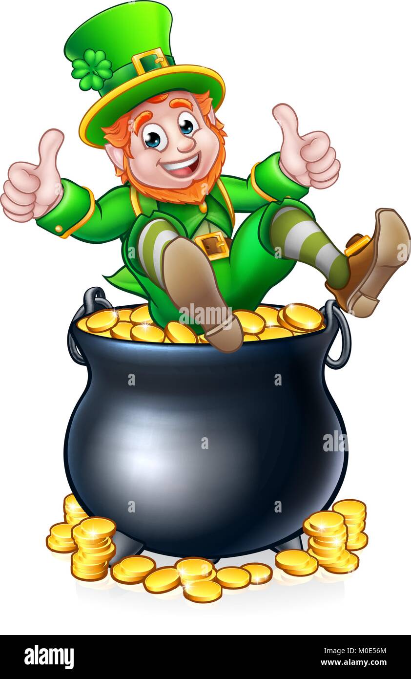 A cartoon Leprechaun St Patricks Day character peeking over a pot of gold  and waving Stock Photo - Alamy