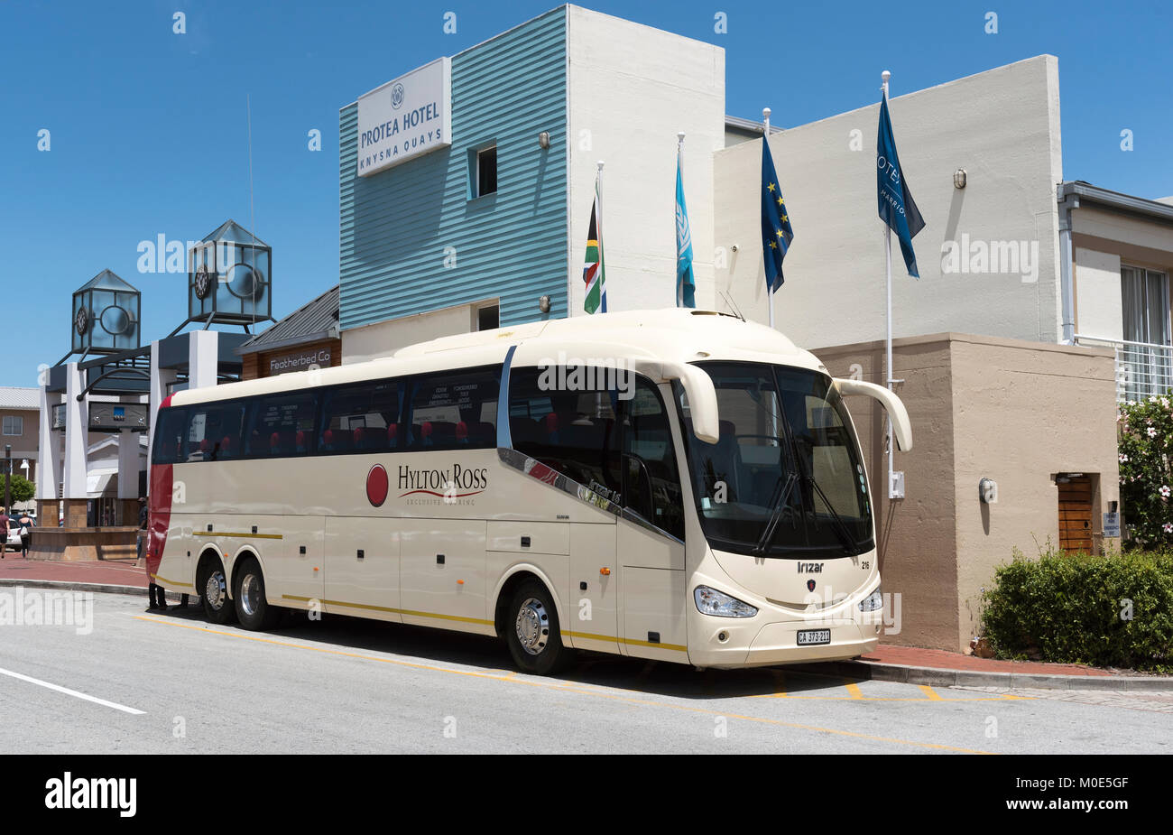 Knysna Quays Western Cape South Africa. December 2017. A tourbus parked at a holiday hotel in Knysna. Stock Photo