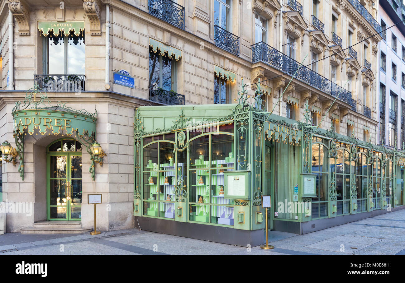 The famous French luxury bakery and sweets shop La Duree on Champs Elysees avenue, Paris, France. Stock Photo