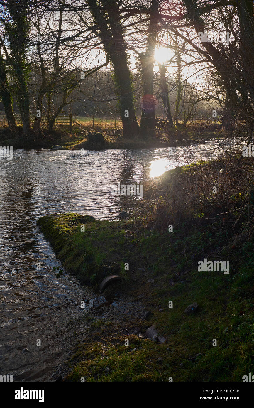 Swollen and impassable ford crossing of River Leith at Melkinthorpe, Near Penrith. Cumbria Stock Photo