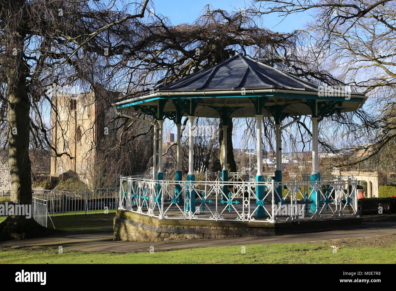Bandstand with Castle beyond, Castle Bowling Green, Guildford, Surrey, England, Great Britain, United Kingdom, UK, Europe Stock Photo