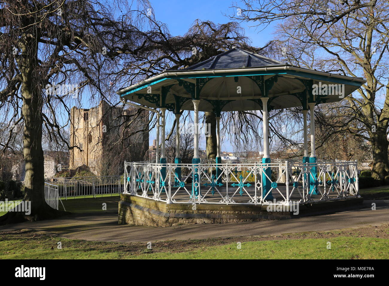 Bandstand with Castle beyond, Castle Bowling Green, Guildford, Surrey, England, Great Britain, United Kingdom, UK, Europe Stock Photo