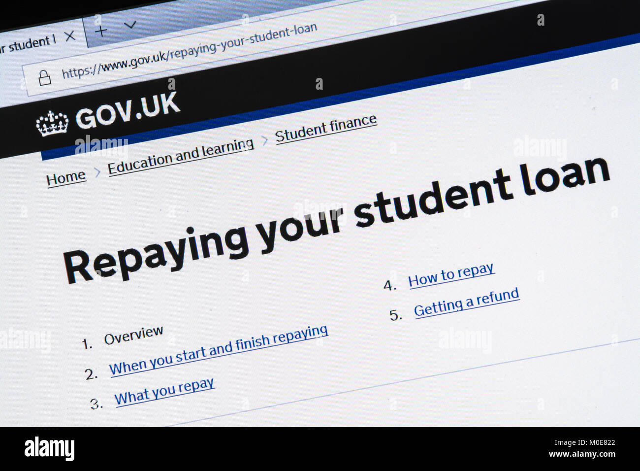 Computer screenshot of information about repaying your student loan on gov.uk website Stock Photo