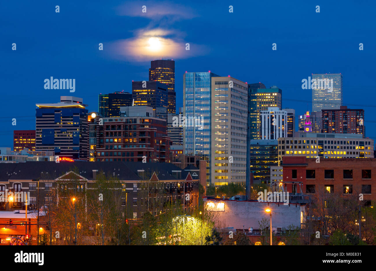Colorful lights of the Denver Colorado downtown skyline at night with