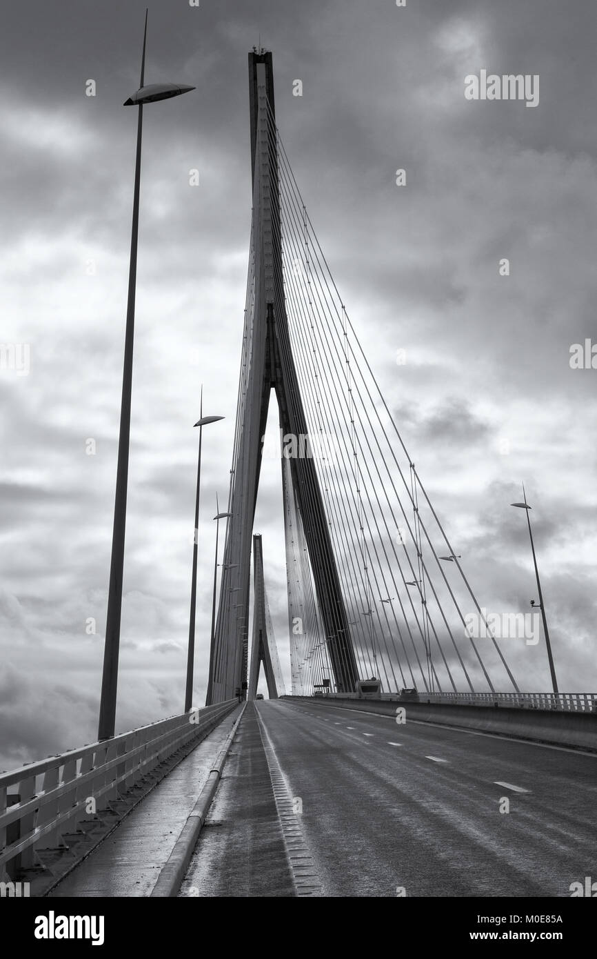 The bridge Pont de Normandie crosses the Seine river near Le Havre