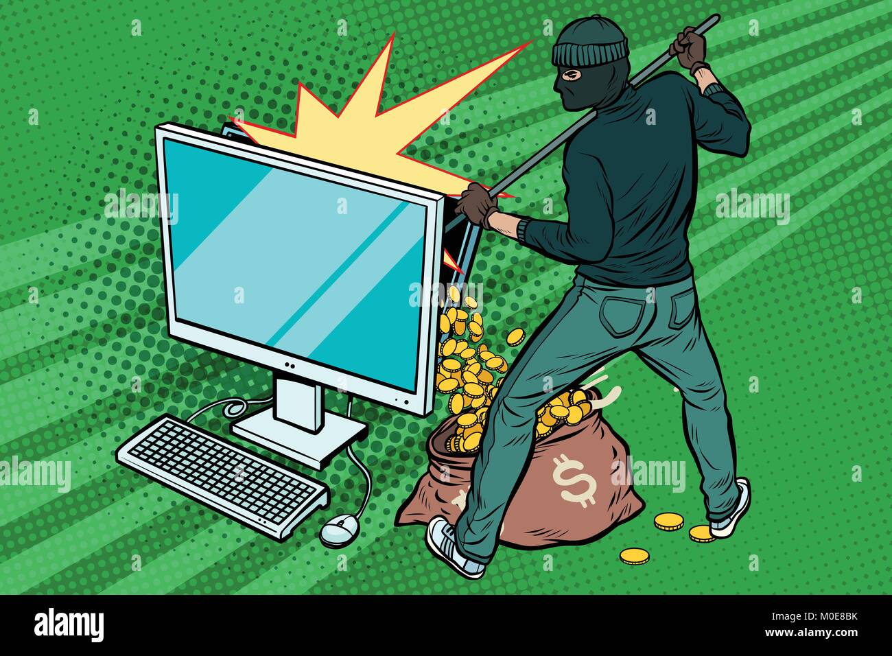 Online hacker steals dollar money from computer Stock Vector