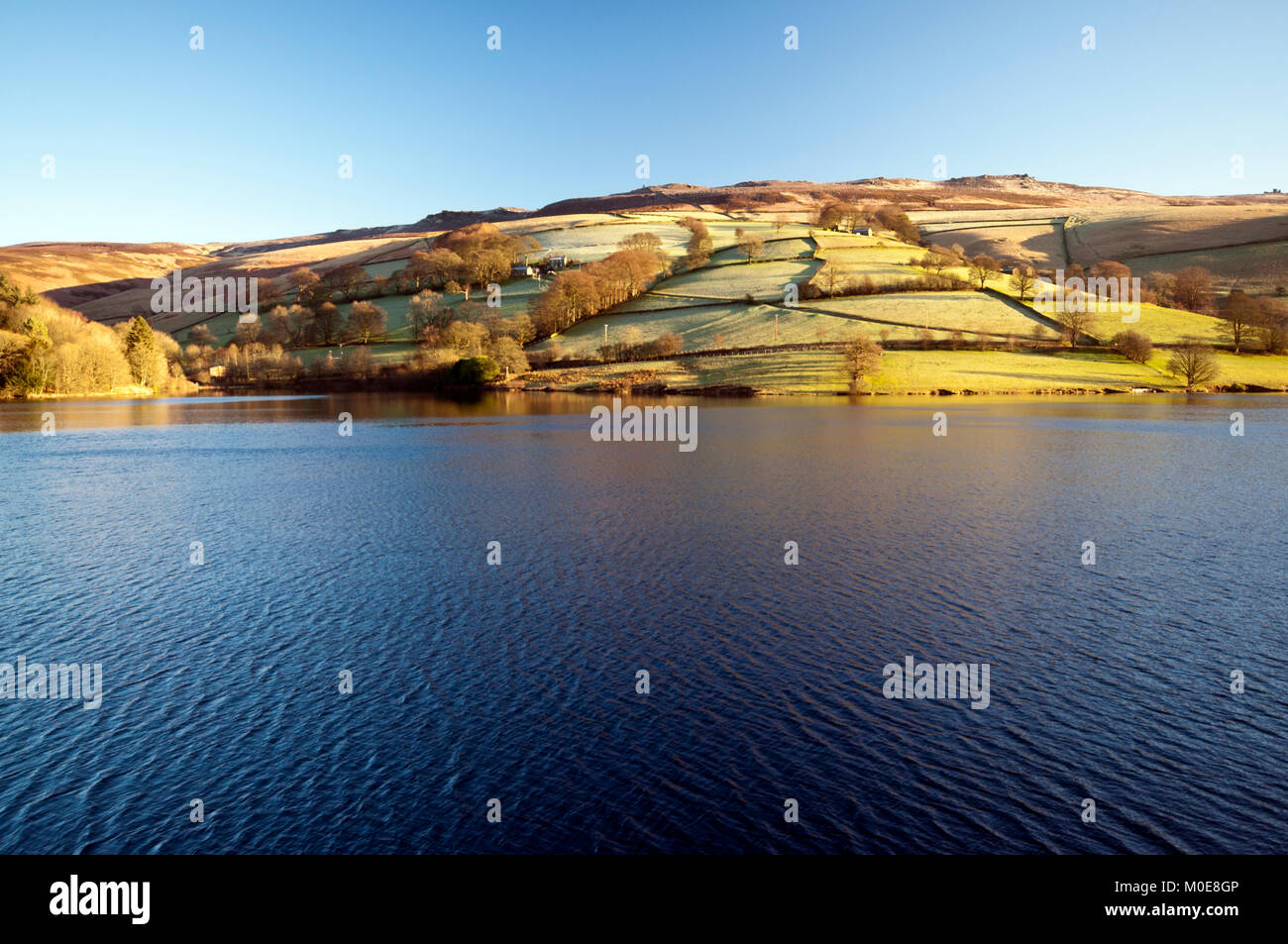 Looking across Ladybower Reservoir towards the Derwent Edge hills in the Peak District National Park Stock Photo