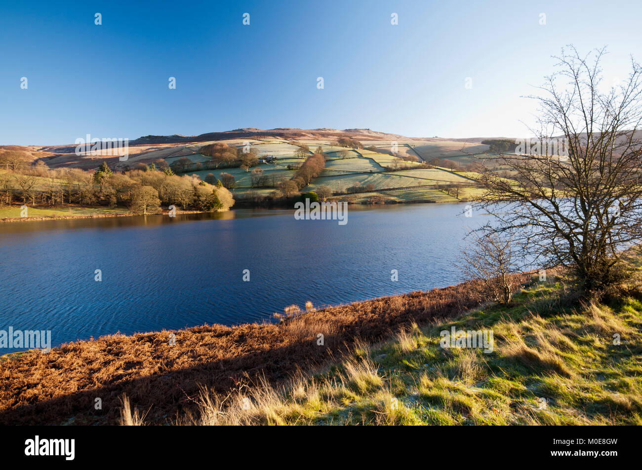 Looking across Ladybower Reservoir towards the Derwent Edge hills in the Peak District National Park Stock Photo