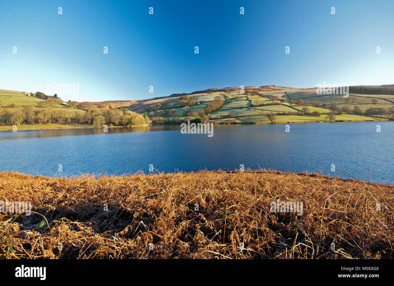 Looking across Ladybower Reservoir towards the Derwent Edge hills in the Peak District National Park Stock Photo