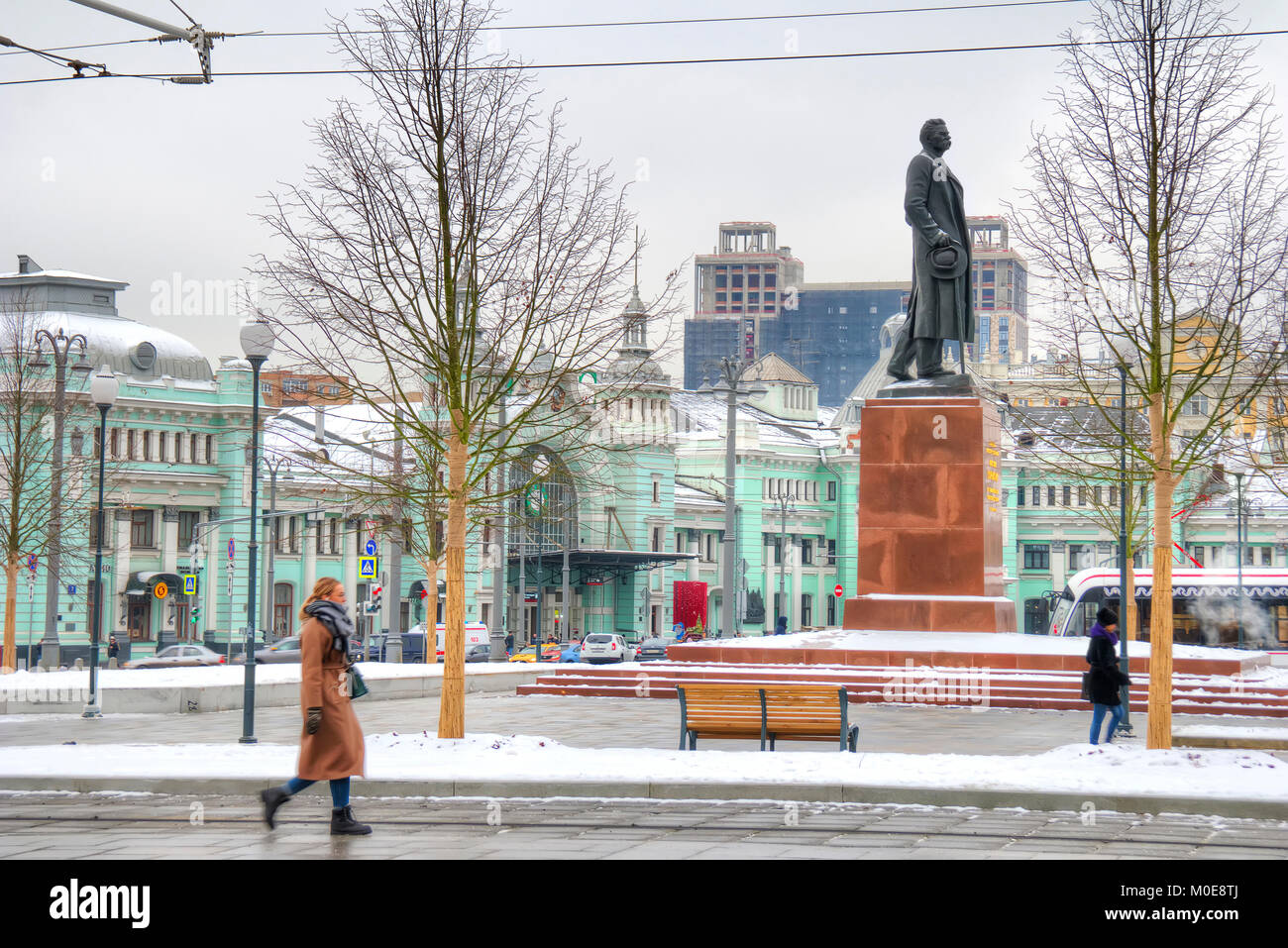 MOSCOW, RUSSIA - January 13.2018: Tverskaya Zastava Square. Square, where is Belorusskiy railway station, metro station, the Tver overpass and a monum Stock Photo