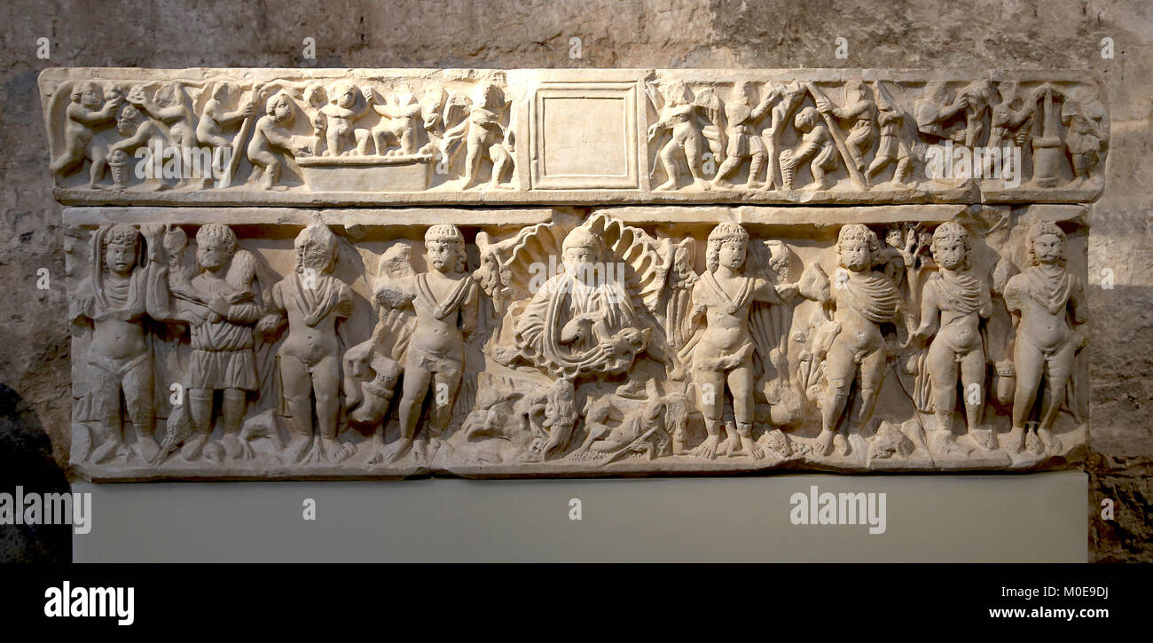 Sarcophagus of the seasons. Early 4th century AD. Basilica of Emporion, Girona, Catalonia Marble. Stock Photo