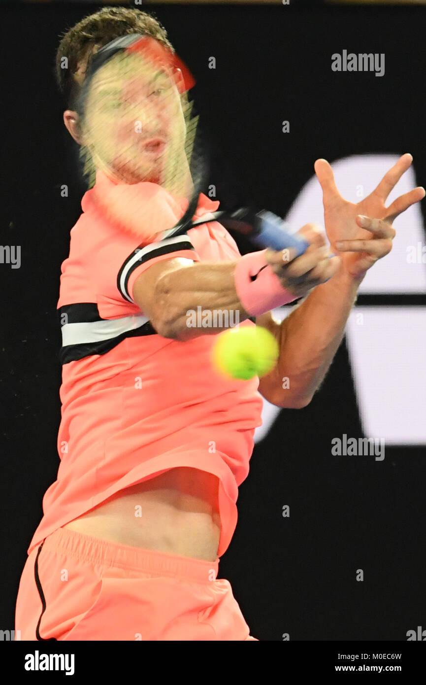 January 21, 2018: 3rd seed Grigor Dimitrov of Bulgaria in action against 17th seed Nick Kyrgios of Australia in a 4th round match on day seven of the 2018 Australian Open Grand Slam tennis tournament in Melbourne, Australia. Sydney Low/Cal Sport Media Credit: Cal Sport Media/Alamy Live News Stock Photo