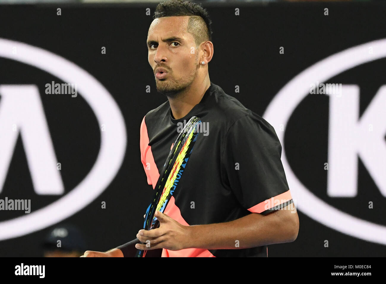 January 21, 2018: 17th seed Nick Kyrgios of Australia in action against 3rd seed Grigor Dimitrov of Bulgaria in a 4th round match on day seven of the 2018 Australian Open Grand Slam tennis tournament in Melbourne, Australia. Sydney Low/Cal Sport Media Credit: Cal Sport Media/Alamy Live News Stock Photo