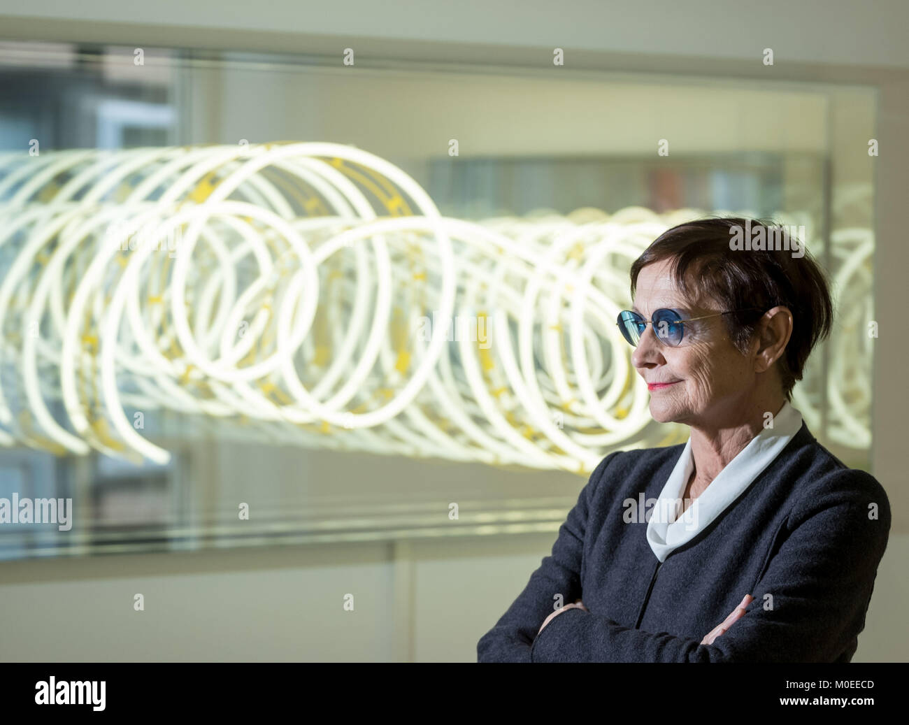 Celle, Germany. 21st Jan, 2018. Austrian artist Brigitte Kowanz standing in front of her work 'Iphone' before receiving the German Award on Light Art 2018 in the Art Museum in Celle, Germany, 21 January 2018. Kowanz is the third artist to receive the 10,000 euro prize. The German Award on Light Art is awarded every two years in the Celle Art Museum. The museum is displaying a selection of works by Brigitte Kowanz on the occasion of the prize' award. Among the works on display are some from the Austrian Pavilion from the Venice Biennale 2017. Credit: Peter Steffen/dpa/Alamy Live News Stock Photo