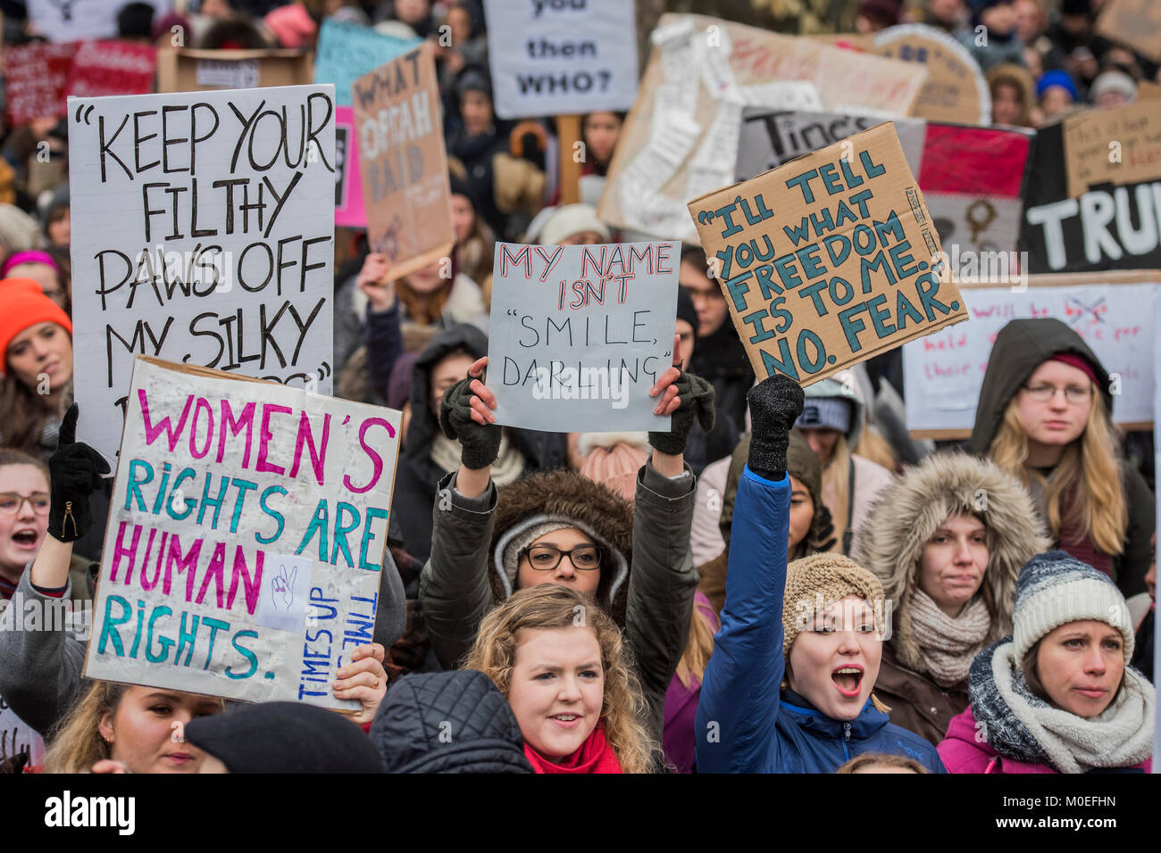 London, UK. 21st Jan, 2018. On the anniversary of the Women's March on London, they stage another rally to say 'Time's Up and to renew the struggle for equality and justice'. Starting at Richmond Terrace, opposite Downing Street. Credit: Guy Bell/Alamy Live News Stock Photo