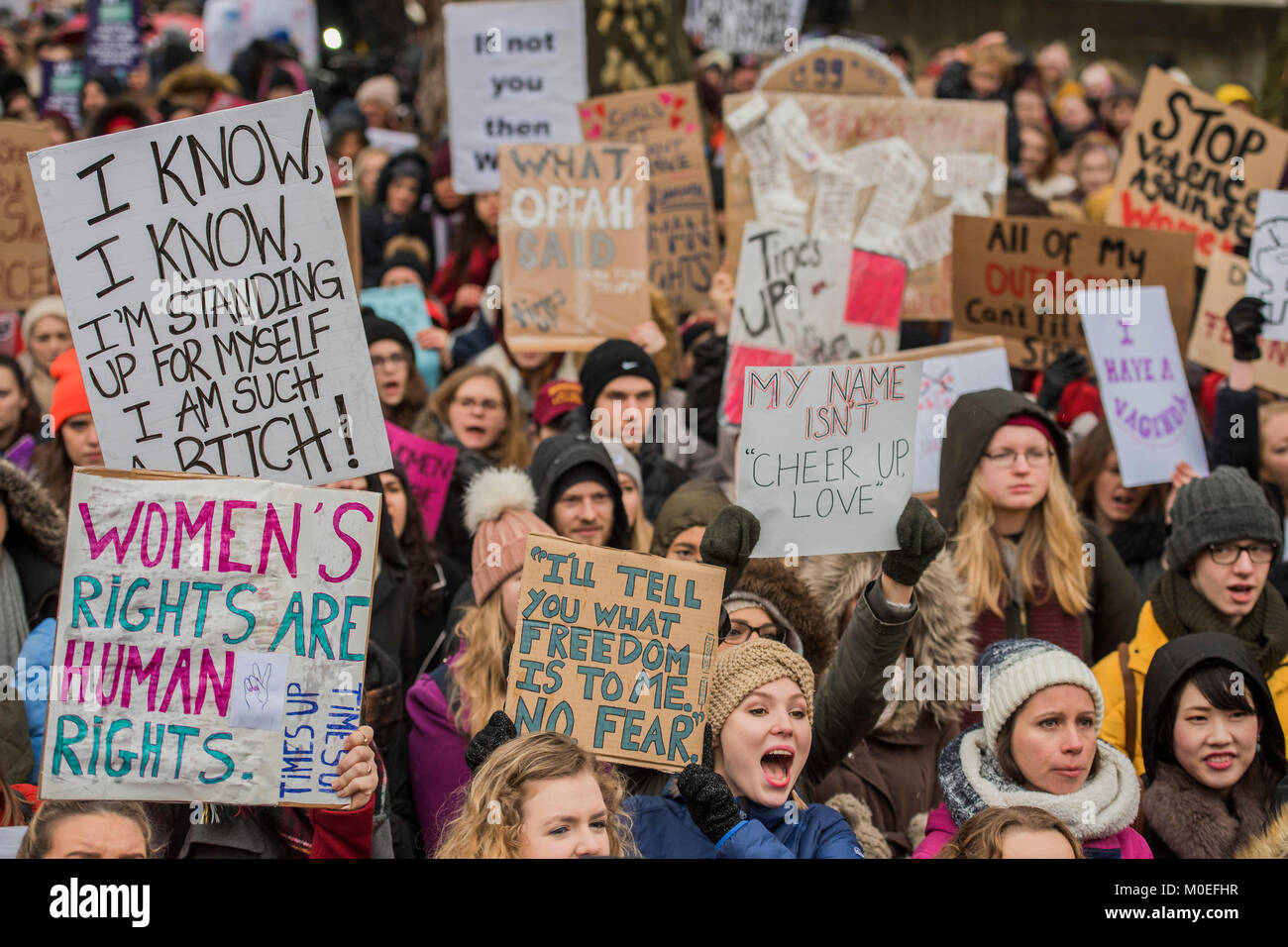 London, UK. 21st Jan, 2018. On the anniversary of the Women's March on London, they stage another rally to say 'Time's Up and to renew the struggle for equality and justice'. Starting at Richmond Terrace, opposite Downing Street. Credit: Guy Bell/Alamy Live News Stock Photo