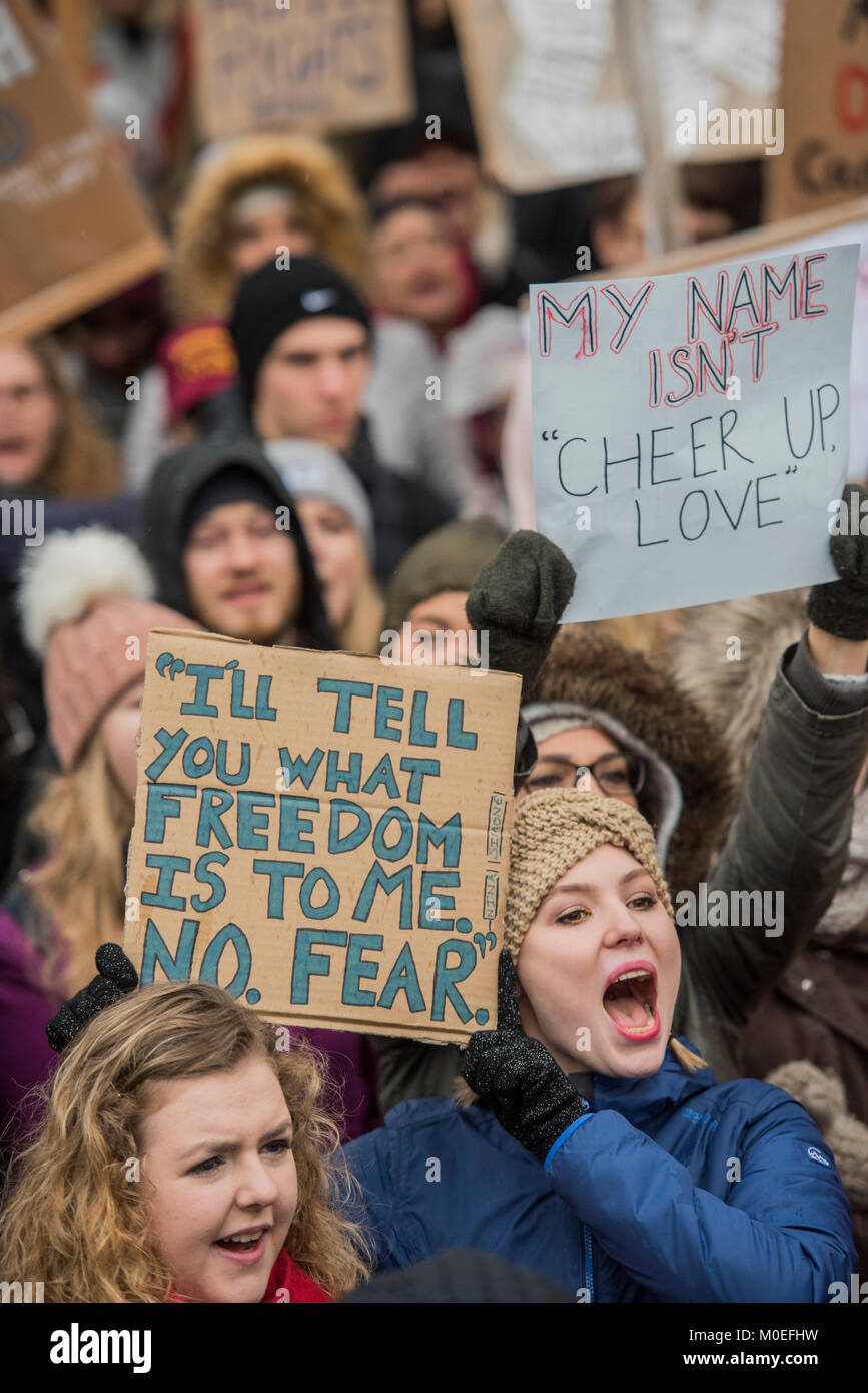 London, UK. 21st Jan, 2018. On the anniversary of the Women's March on London, they stage another rally to say 'Time's Up and to renew the struggle for equality and justice'. Starting at Richmond Terrace, opposite Downing Street. Credit: Guy Bell/Alamy Live News Stock Photo