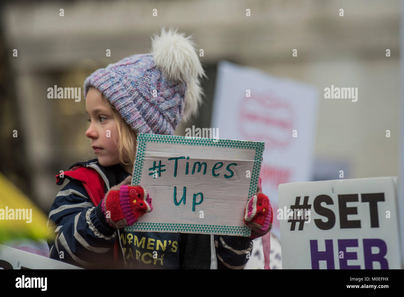 London, UK. 21st Jan, 2018. On the anniversary of the Women's March on London, they stage another rally to say 'Time's Up and to renew the struggle for equality and justice'. Starting at Richmond Terrace, opposite Downing Street. Credit: Guy Bell/Alamy Live News Stock Photo