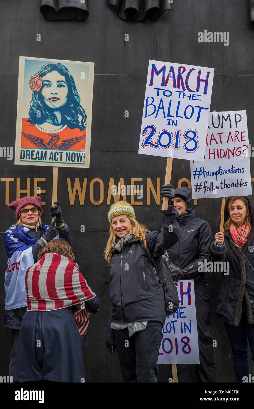 London, UK. 21st Jan, 2018. On the anniversary of the Women's March on London, they stage another rally to say 'Time's Up and to renew the struggle for equality and justice'. Starting at Richmond Terrace, opposite Downing Street. Credit: Guy Bell/Alamy Live News Stock Photo