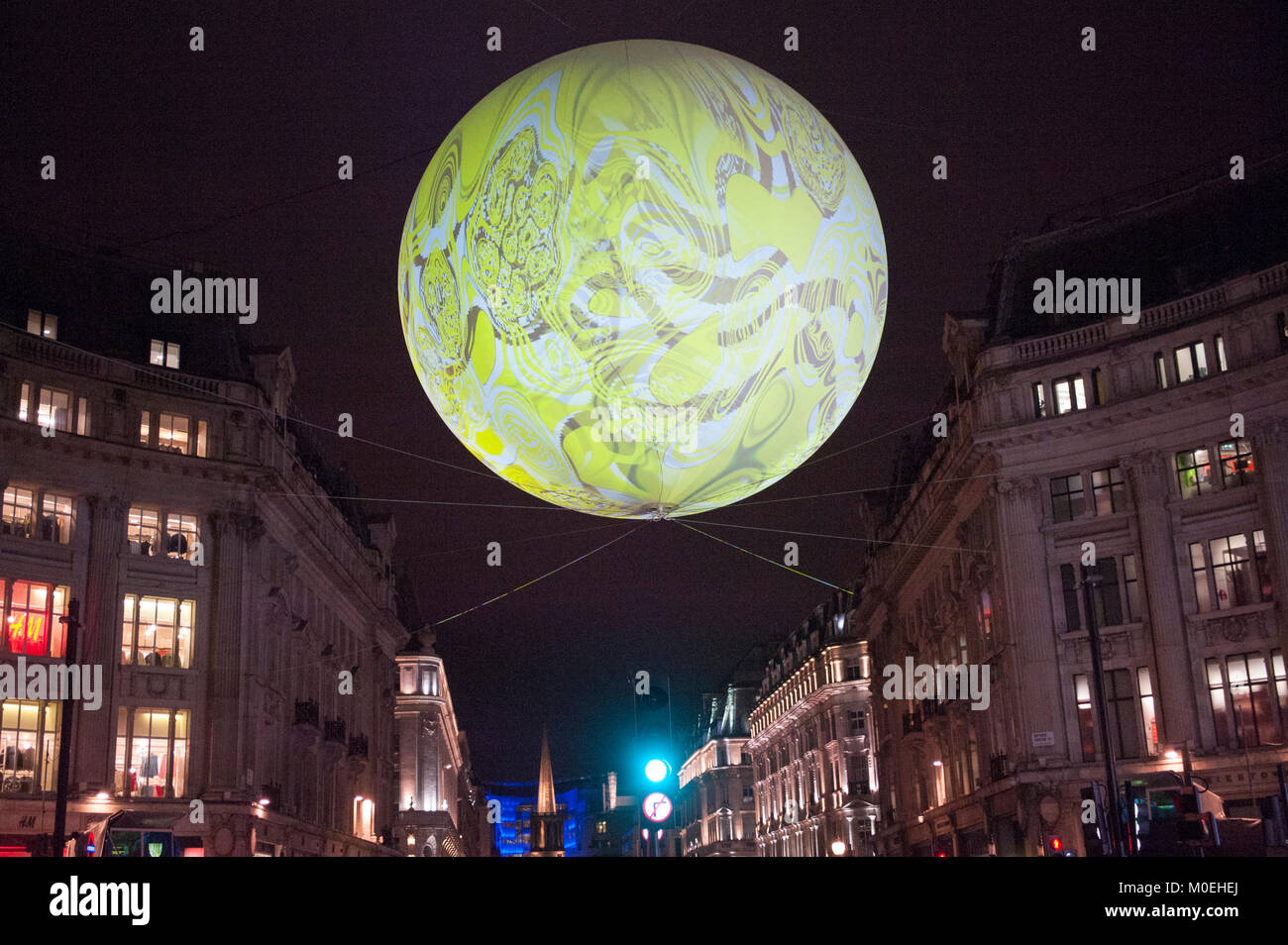 London, UK. 20th Jan, 2018. Origin of the World bubble by Miguel Chevalier suspended over Oxford Circus. Origin of the World is part of Lumiere London 2018. The city-wide light festival organised by The Mayor of London and Artichoke is expected to draw up to 1.25 million visitors over its four-day run 18th-21st January in London, UK. 20th January 2018. Credit: Antony Nettle/Alamy Live News Stock Photo