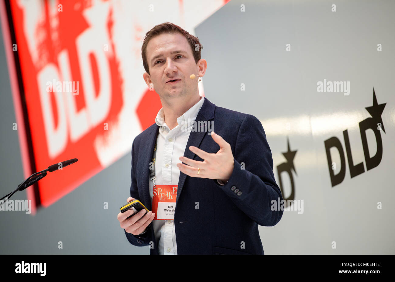 Munich, Germany. 21st Jan, 2018. Tom Wehmeier, partner at Atomico, speaking on the subject 'The State Of European Tech' at the Digital Life Design (DLD) conference in Munich, Germany, 21 January 2018. The Digital Life Design conference runs from 20-22 January 2018. Credit: Matthias Balk/dpa/Alamy Live News Stock Photo