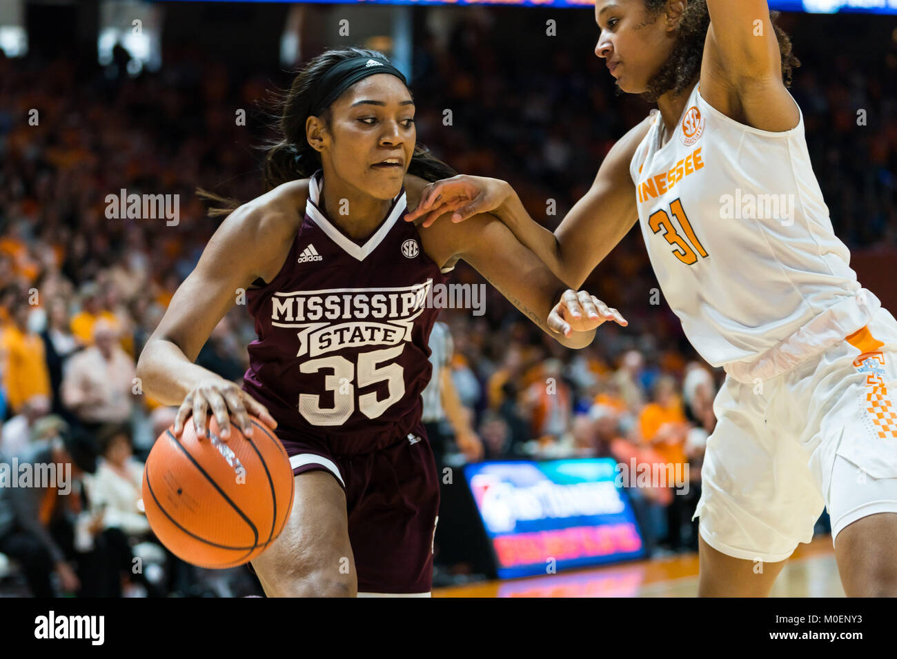 January 21, 2018: Victoria Vivians #35 of the Mississippi State Lady  Bulldogs drives to the basket against Jaime Nared #31 of the Tennessee Lady  Volunteers during the NCAA basketball game between the