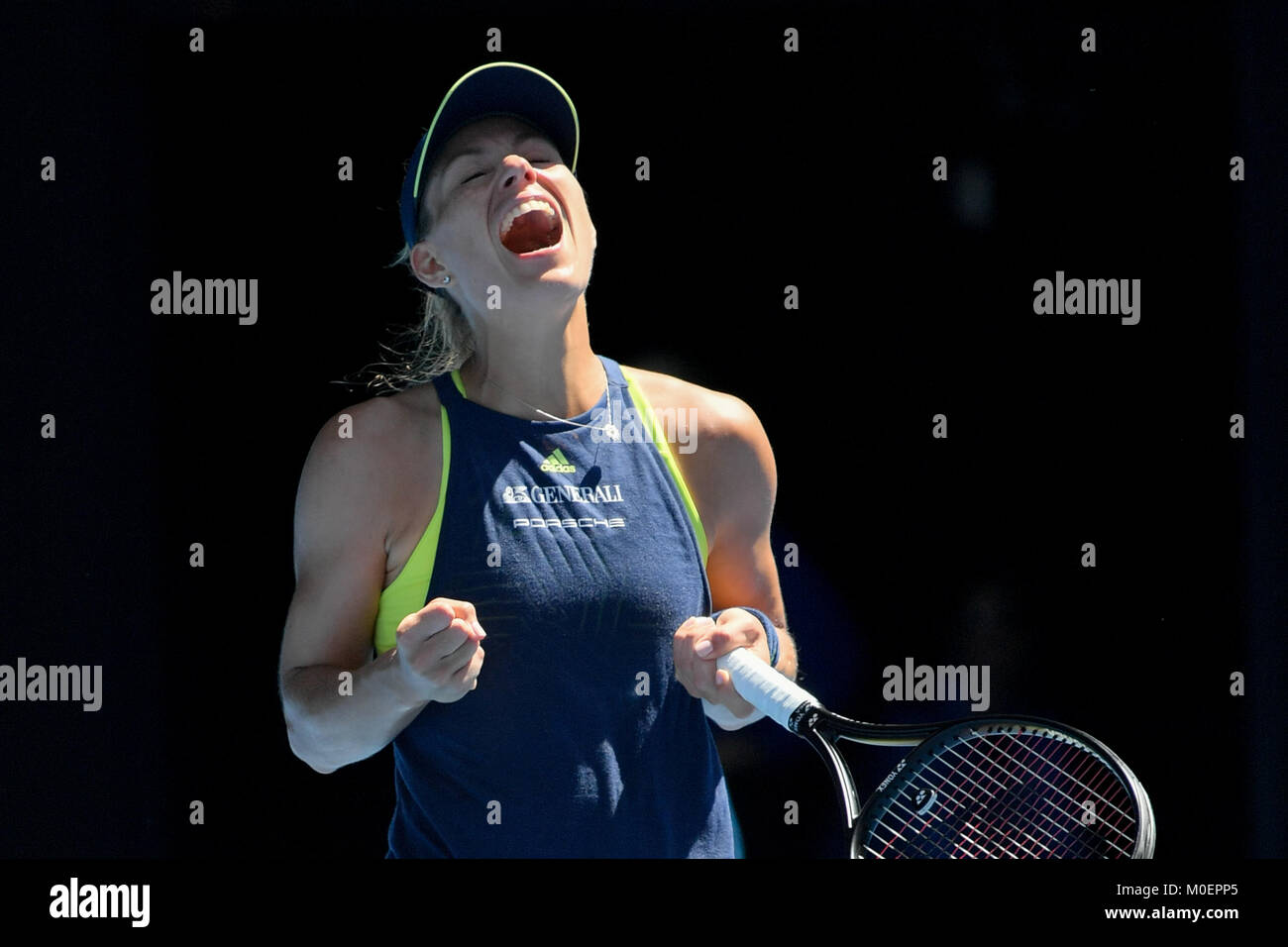 January 22, 2018: 21st seed Angelique Kerber of German celebrates winning a 4th round match against Su-Wei Hsieh of Chinese Taipei on day eight of the 2018 Australian Open Grand Slam tennis tournament in Melbourne, Australia. Kerber won 46 75 62. Sydney Low/Cal Sport Media Stock Photo