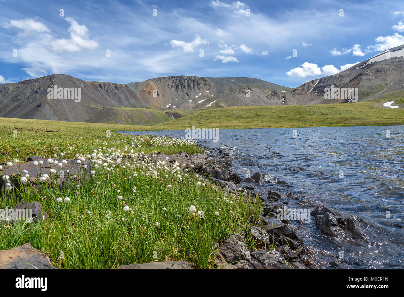 Beautiful summer view with a lake in the mountains and white fluffy ...