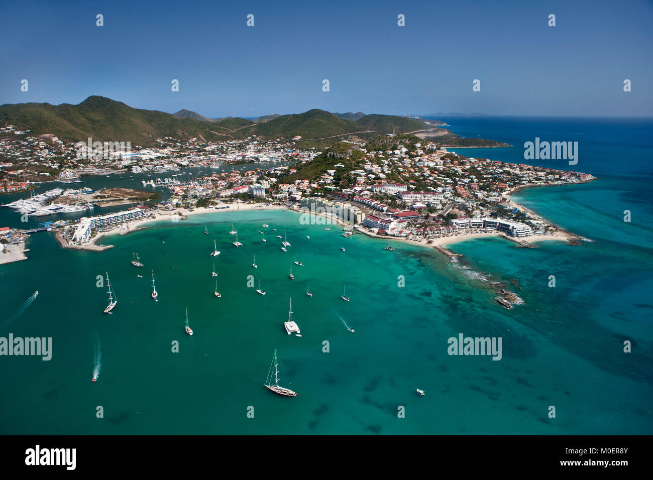 Sint Maarten, Caribbean island, independent from the Netherlands since 2010. Philipsburg. Simpson Bay. Aerial. Stock Photo